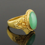 Solid 22K Yellow Gold Oval Green Jade Cabochon Engraved Floral Motif Estate Ring, Olde Towne Jewelers, Santa Rosa CA.