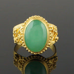 Solid 22K Yellow Gold Oval Green Jade Cabochon Engraved Floral Motif Estate Ring, Olde Towne Jewelers, Santa Rosa CA.