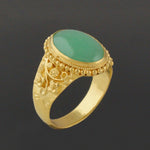 Solid 22K Yellow Gold Oval Green Jade Cabochon Engraved Floral Motif Estate Ring, Olde Towne Jewelers, Santa Rosa CA.