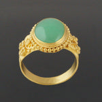 Solid 22K Yellow Gold Oval Green Jade Cabochon Engraved Floral Motif Estate Ring, Olde Towne Jewelers, Santa Rosa CA.