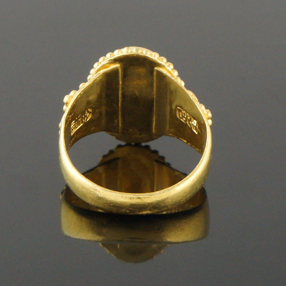 Solid 22K Yellow Gold Oval Green Jade Cabochon Engraved Floral Motif Estate Ring, Olde Towne Jewelers, Santa Rosa CA.