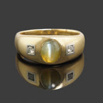 Solid 14K Gold, Platinum Cats Eye Chrysoberyl Cabochon & Diamond Cigar Band Ring