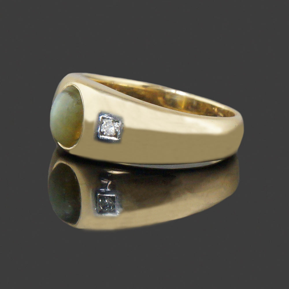 Solid 14K Gold, Platinum Cats Eye Chrysoberyl Cabochon & Diamond Cigar Band Ring, Olde Towne Jewelers, Santa Rosa CA.