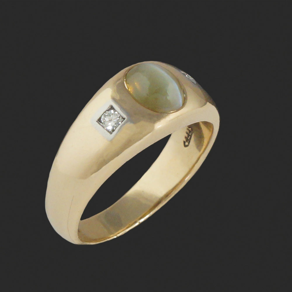 Solid 14K Gold, Platinum Cats Eye Chrysoberyl Cabochon & Diamond Cigar Band Ring, Olde Towne Jewelers, Santa Rosa CA.