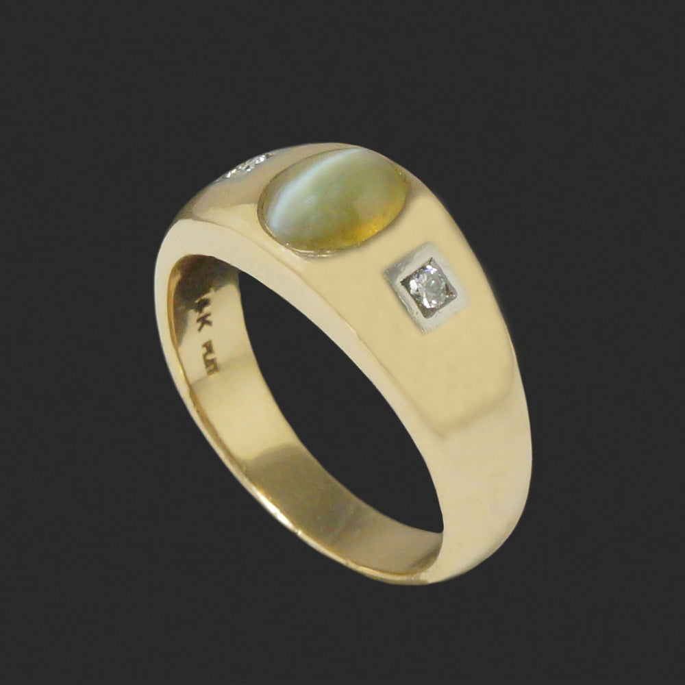 Solid 14K Gold, Platinum Cats Eye Chrysoberyl Cabochon & Diamond Cigar Band Ring, Olde Towne Jewelers, Santa Rosa CA.