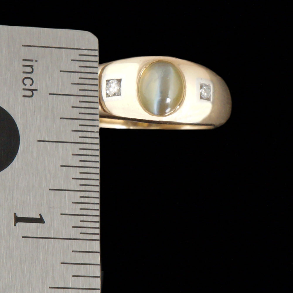 Solid 14K Gold, Platinum Cats Eye Chrysoberyl Cabochon & Diamond Cigar Band Ring, Olde Towne Jewelers, Santa Rosa CA.