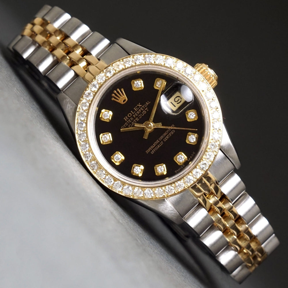 Stunning 1987 Rolex 69173 Datejust 18K/SS Black Diamond Dial & Bezel Watch XLNT! Olde Towne Jewelers, Santa Rosa CA.