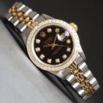 Stunning 1987 Rolex 69173 Datejust 18K/SS Black Diamond Dial & Bezel Watch XLNT! Olde Towne Jewelers, Santa Rosa CA.