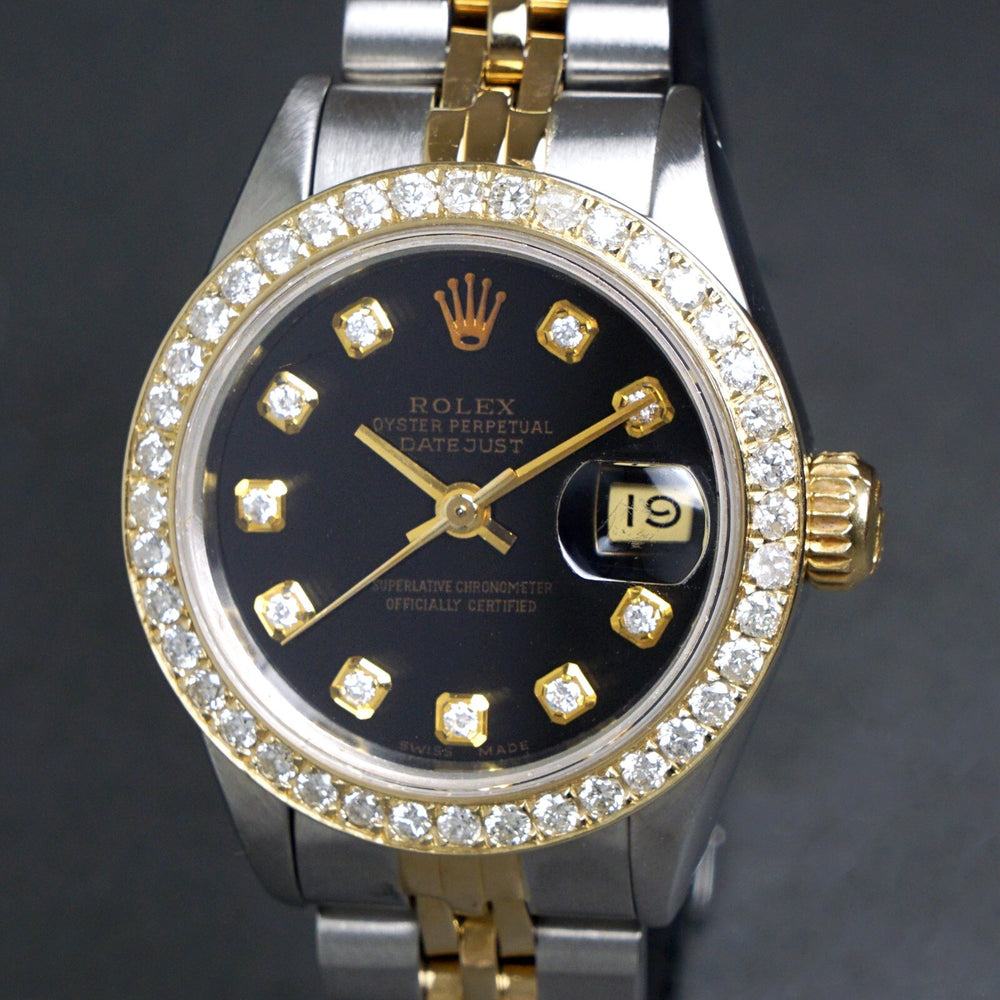 Stunning 1987 Rolex 69173 Datejust 18K/SS Black Diamond Dial & Bezel Watch XLNT! Olde Towne Jewelers, Santa Rosa CA.