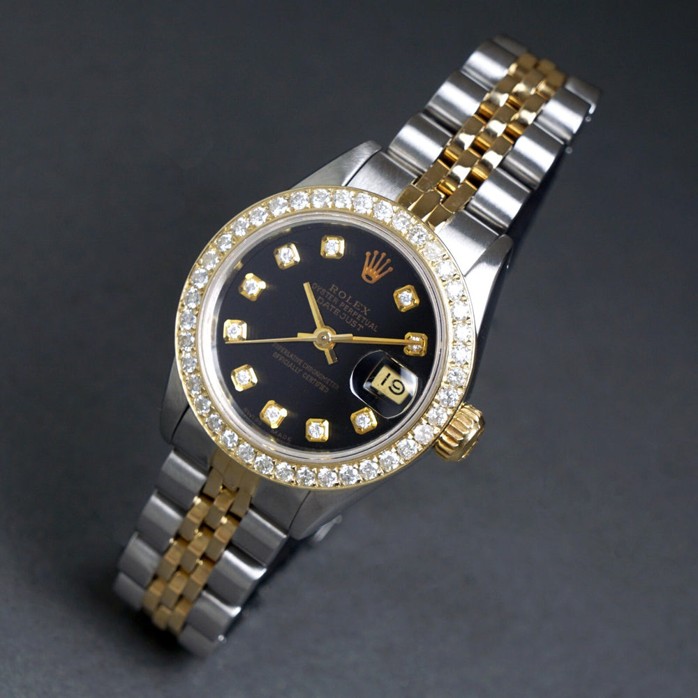 Stunning 1987 Rolex 69173 Datejust 18K/SS Black Diamond Dial & Bezel Watch XLNT! Olde Towne Jewelers, Santa Rosa CA.