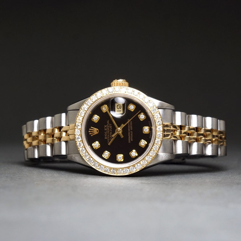 Stunning 1987 Rolex 69173 Datejust 18K/SS Black Diamond Dial & Bezel Watch XLNT! Olde Towne Jewelers, Santa Rosa CA.