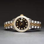 Stunning 1987 Rolex 69173 Datejust 18K/SS Black Diamond Dial & Bezel Watch XLNT! Olde Towne Jewelers, Santa Rosa CA.