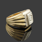 Art Deco Two Tone Solid 14K Gold & Diamond Man's Cigar Wedding Ring