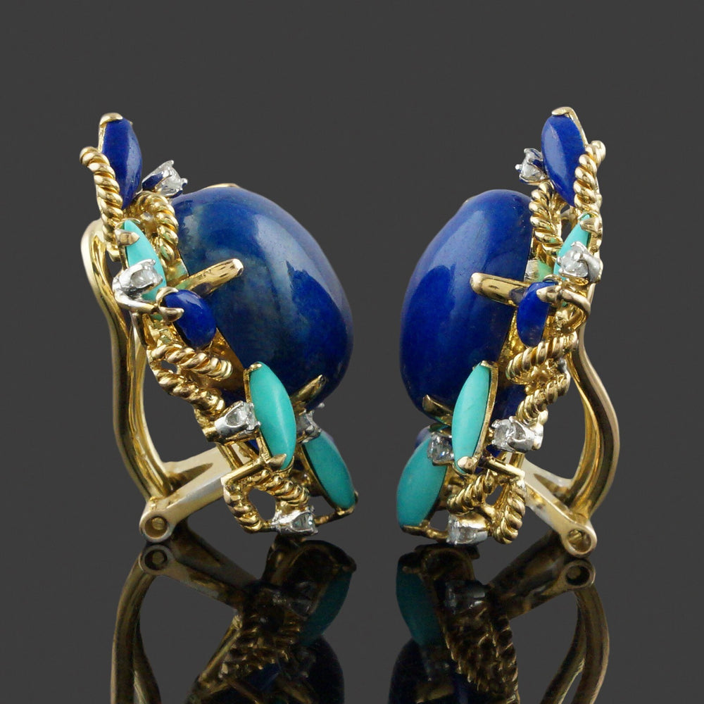 Unique Solid 18K Yellow Gold Twisted Rope, Lapis, Turquoise & Diamond Earrings, Olde Towne Jewelers, Santa Rosa CA.
