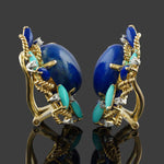 Unique Solid 18K Yellow Gold Twisted Rope, Lapis, Turquoise & Diamond Earrings, Olde Towne Jewelers, Santa Rosa CA.