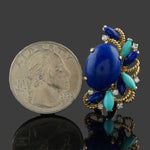 Unique Solid 18K Yellow Gold Twisted Rope, Lapis, Turquoise & Diamond Earrings, Olde Towne Jewelers, Santa Rosa CA.