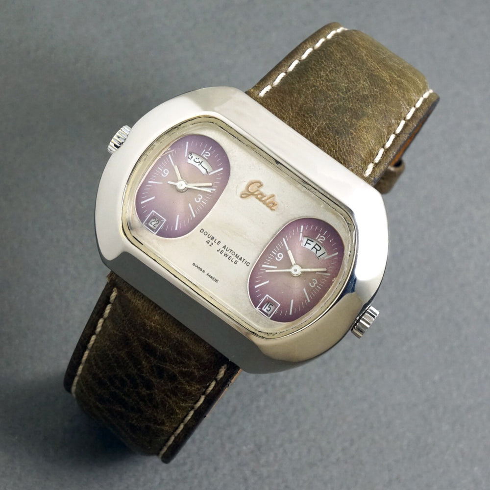 Stunning Gala Double Automatic Two Time Zone Stainless Steel Watch Arabic Date, Olde Towne Jewelers, Santa Rosa CA.