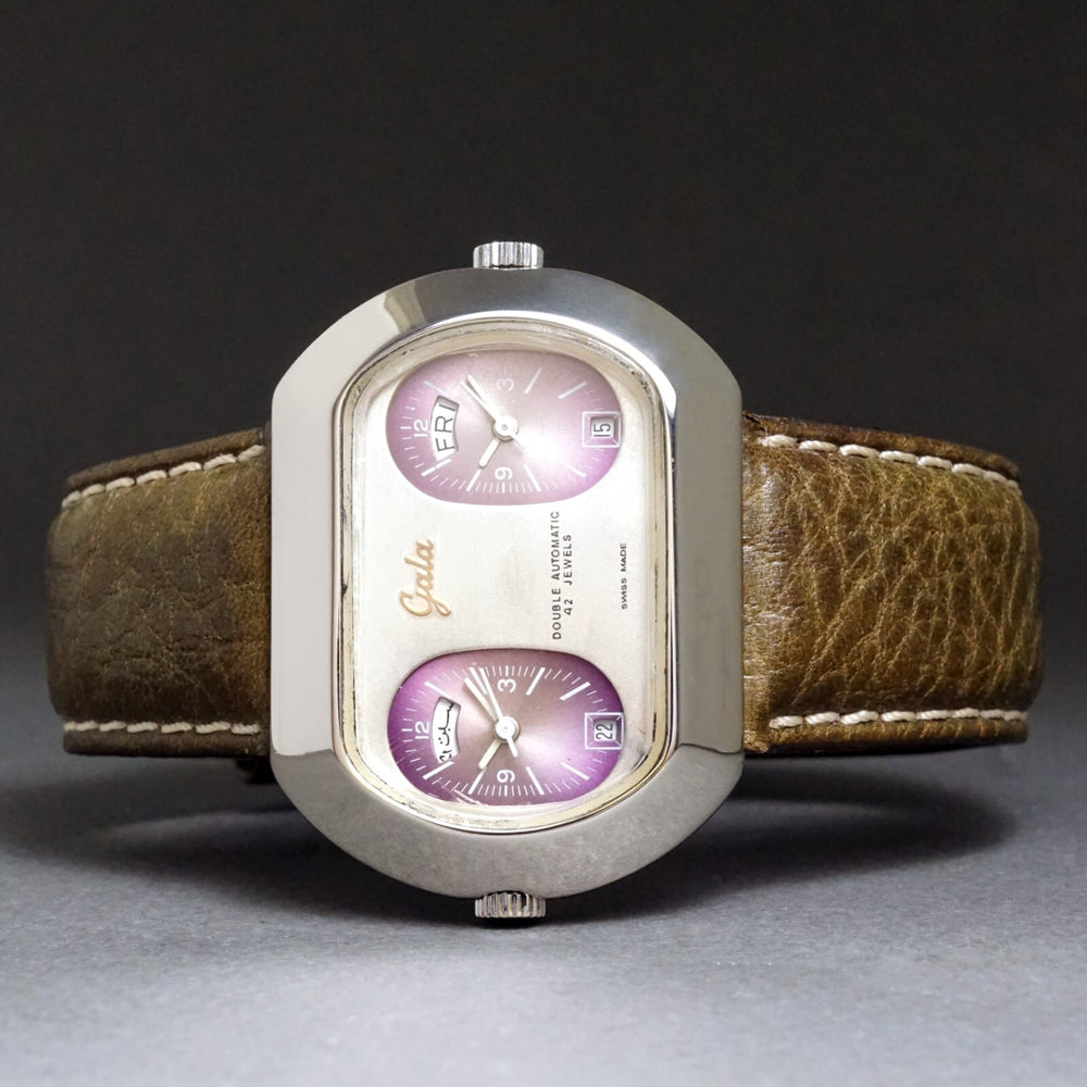 Stunning Gala Double Automatic Two Time Zone Stainless Steel Watch Arabic Date, Olde Towne Jewelers, Santa Rosa CA.