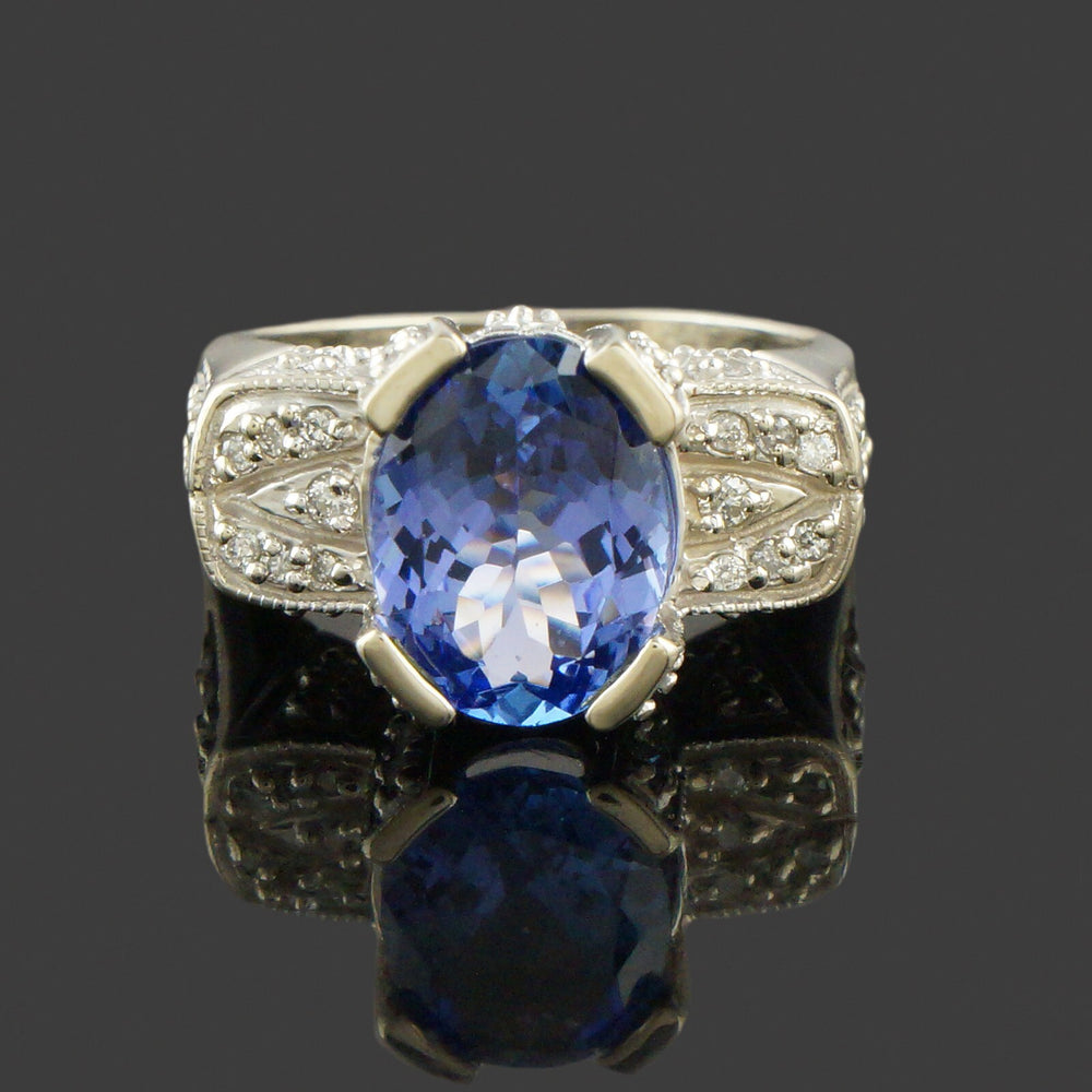 Art Deco Style Solid 14K White Gold, 3.86 Ct Tanzanite & .48 CTW Diamond Ring
