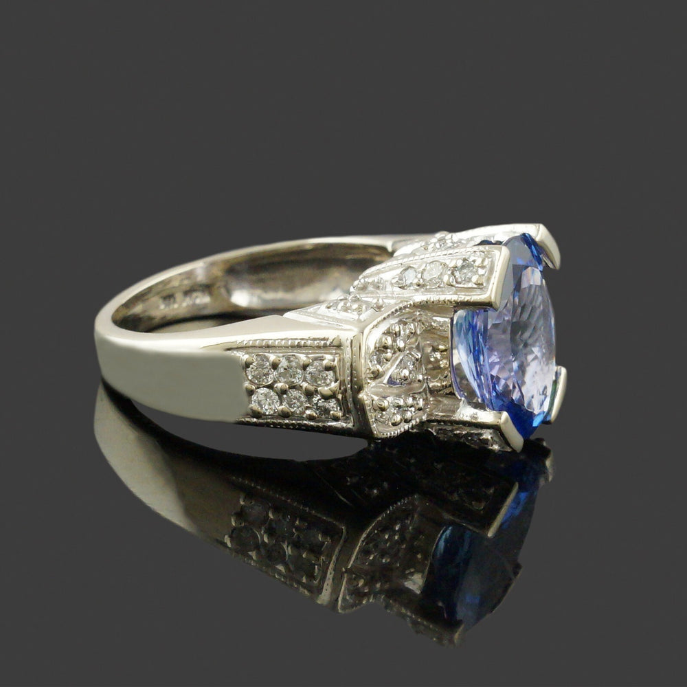 Art Deco Style Solid 14K White Gold, 3.86 Ct Tanzanite & .48 CTW Diamond Ring, Olde Towne Jewelers, Santa Rosa CA.
