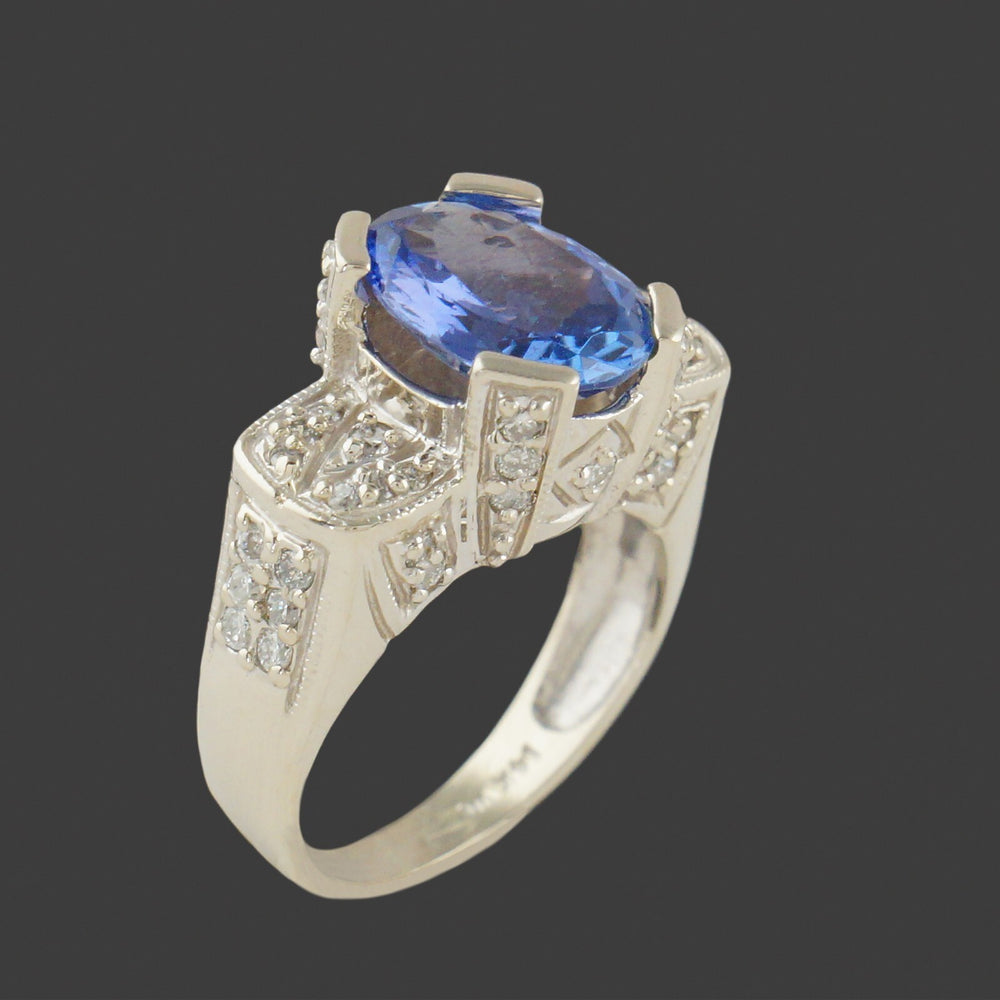 Art Deco Style Solid 14K White Gold, 3.86 Ct Tanzanite & .48 CTW Diamond Ring, Olde Towne Jewelers, Santa Rosa CA.