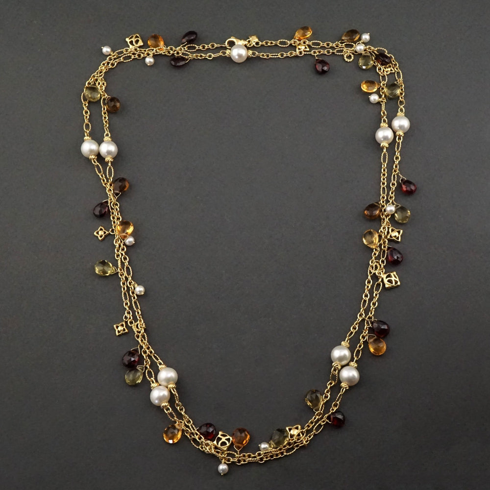 David Yurman Solid 18K Gold Pearl, Garnet, Quartz, Citrine Bijoux 46" L Necklace, Olde Towne Jewelers, Santa Rosa CA.