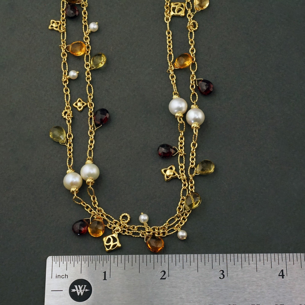 David Yurman Solid 18K Gold Pearl, Garnet, Quartz, Citrine Bijoux 46" L Necklace, Olde Towne Jewelers, Santa Rosa CA.
