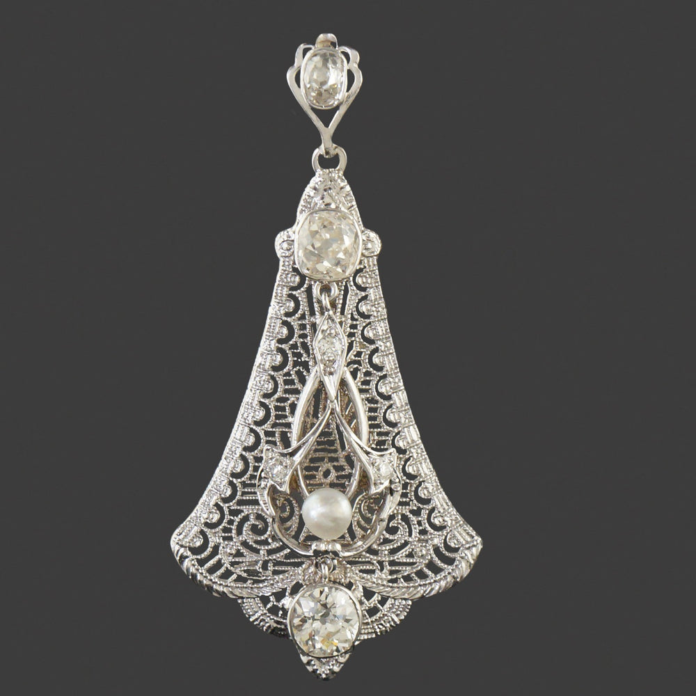 Art Deco Solid 14K White Gold Filigree 1.25 CTW OMC Diamond & Pearl Pendant