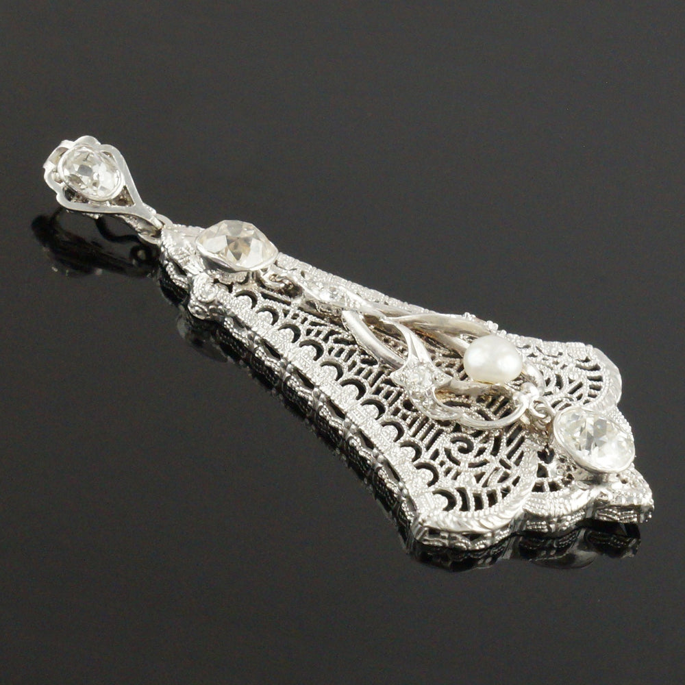 Art Deco Solid 14K White Gold Filigree 1.25 CTW OMC Diamond & Pearl Pendant, Olde Towne Jewelers, Santa Rosa CA.