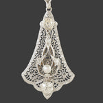 Art Deco Solid 14K White Gold Filigree 1.25 CTW OMC Diamond & Pearl Pendant, Olde Towne Jewelers, Santa Rosa CA.