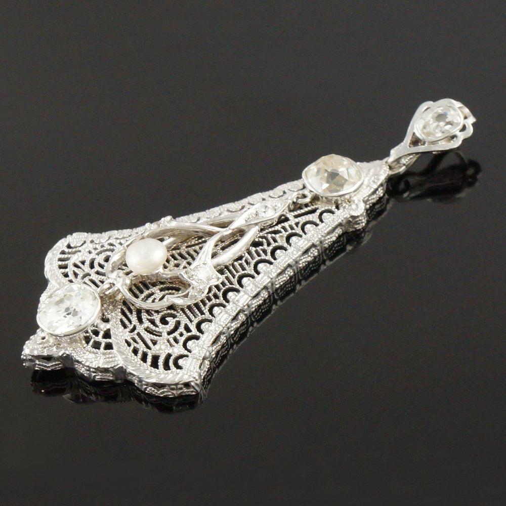 Art Deco Solid 14K White Gold Filigree 1.25 CTW OMC Diamond & Pearl Pendant, Olde Towne Jewelers, Santa Rosa CA.