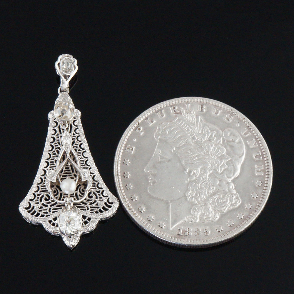 Art Deco Solid 14K White Gold Filigree 1.25 CTW OMC Diamond & Pearl Pendant, Olde Towne Jewelers, Santa Rosa CA.