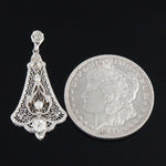 Art Deco Solid 14K White Gold Filigree 1.25 CTW OMC Diamond & Pearl Pendant, Olde Towne Jewelers, Santa Rosa CA.