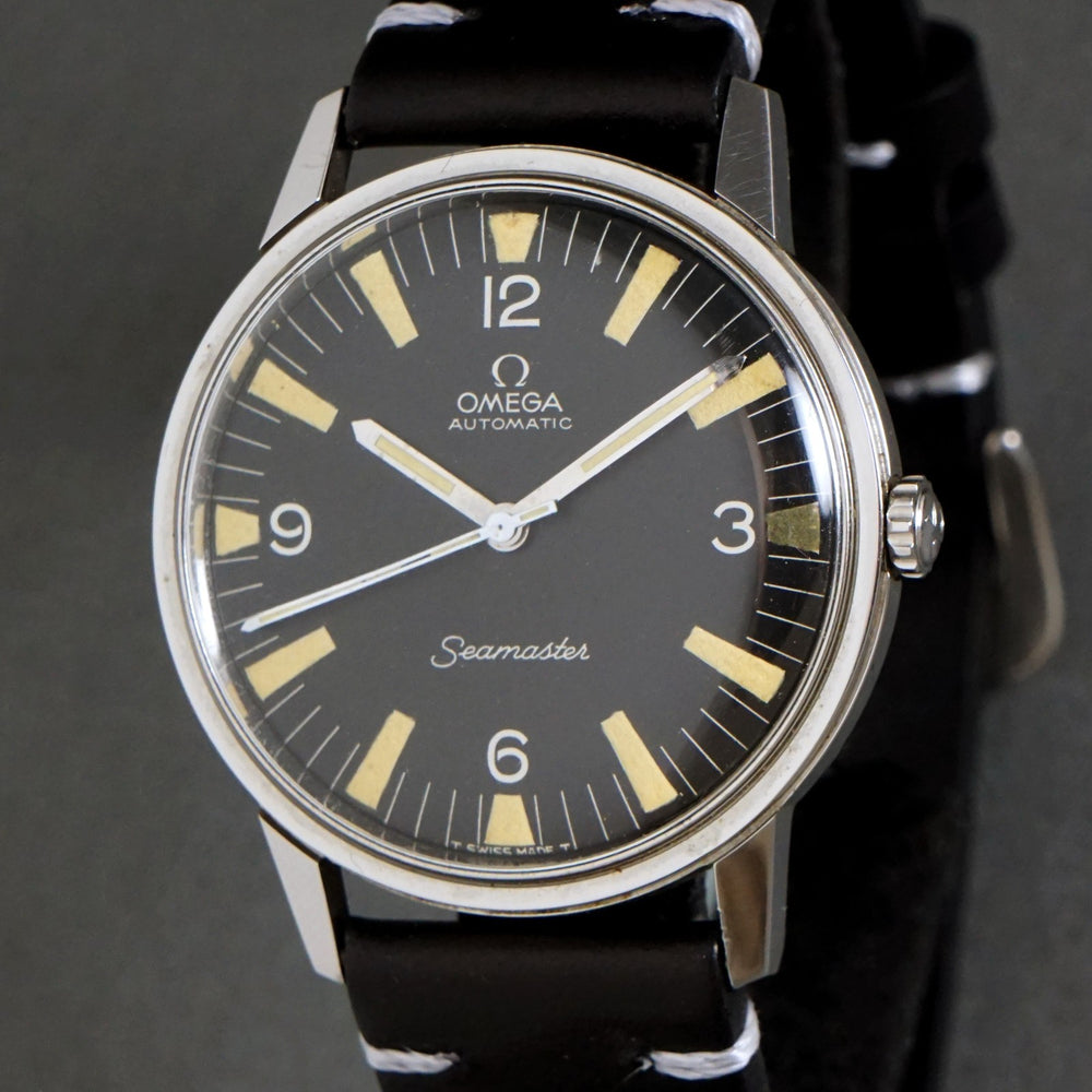 Stunning 1965 Omega 165.002 Seamaster Stainless Steel Rare Military Dial Watch, Olde Towne Jewelers, Santa Rosa CA.