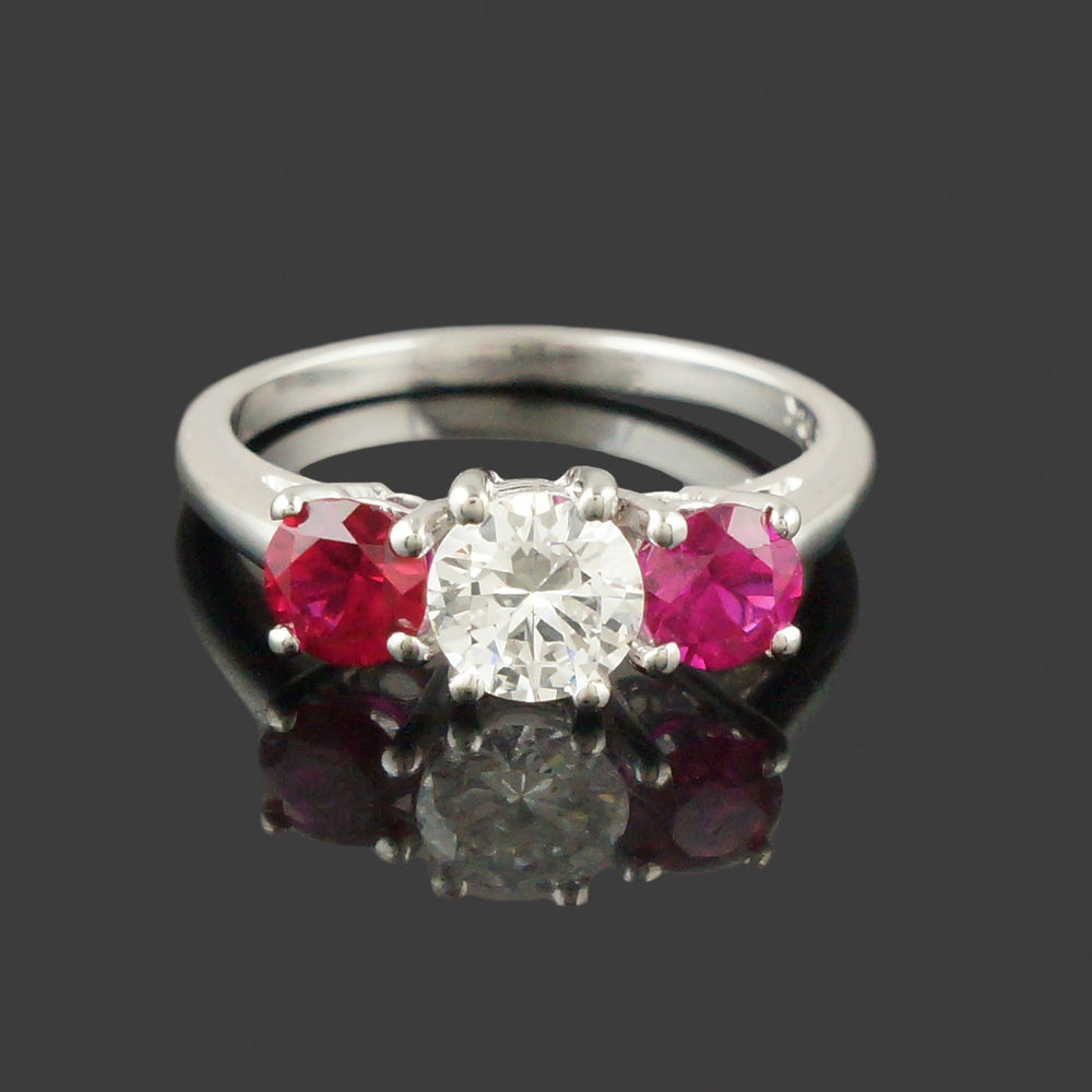 Solid 18K White Gold, Ruby & Diamond Three Stone Estate Engagement Ring