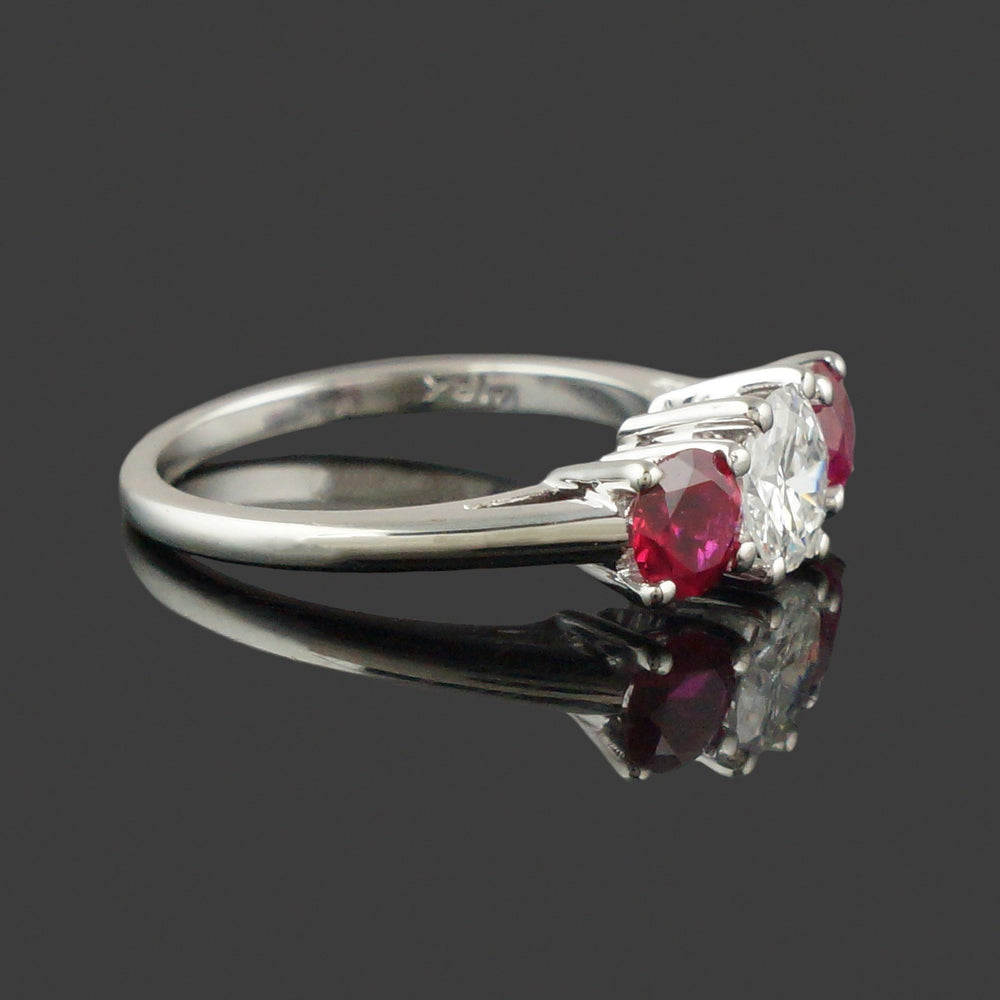 Solid 18K White Gold, Ruby & Diamond Three Stone Estate Engagement Ring, Olde Towne Jewelers, Santa Rosa CA.