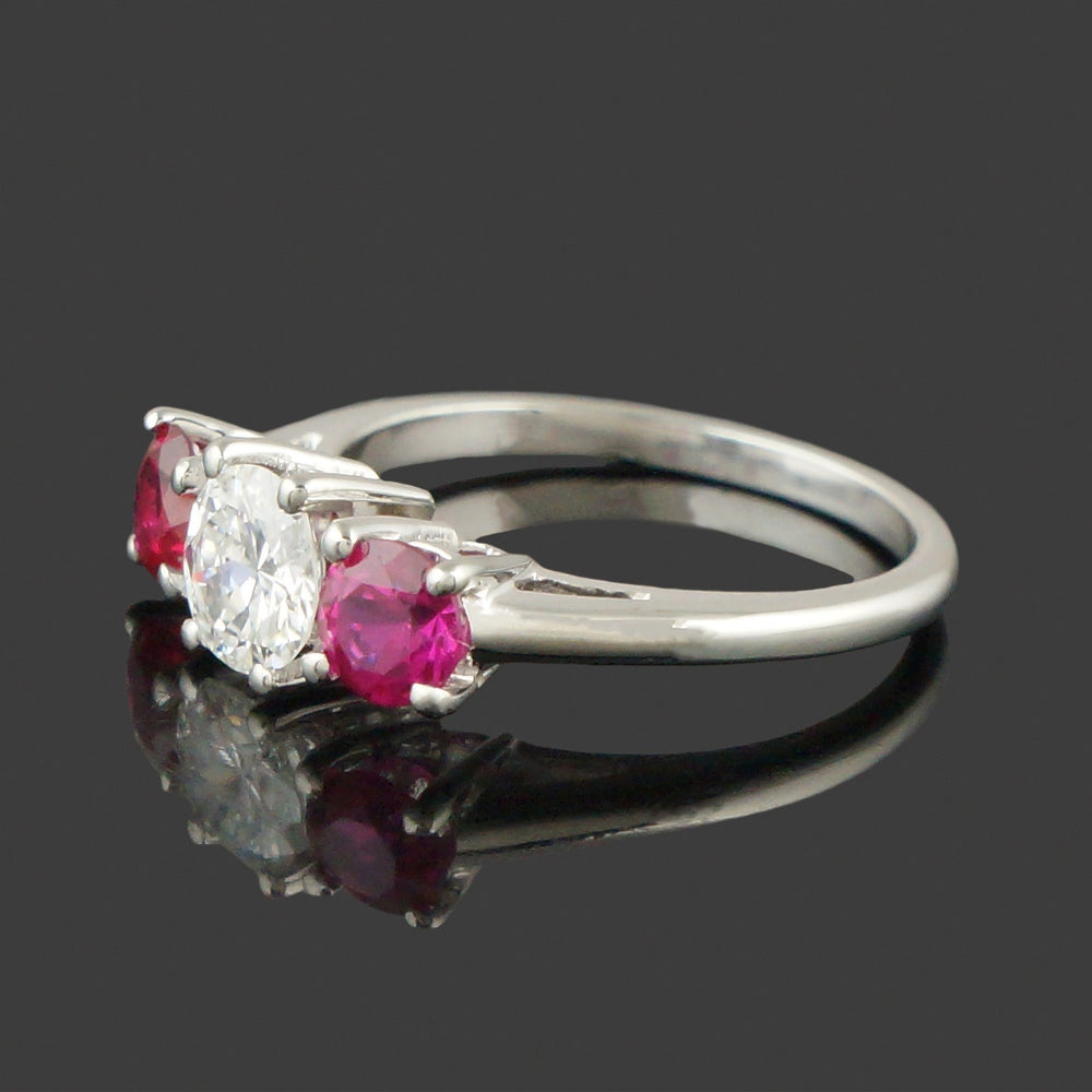 Solid 18K White Gold, Ruby & Diamond Three Stone Estate Engagement Ring, Olde Towne Jewelers, Santa Rosa CA.