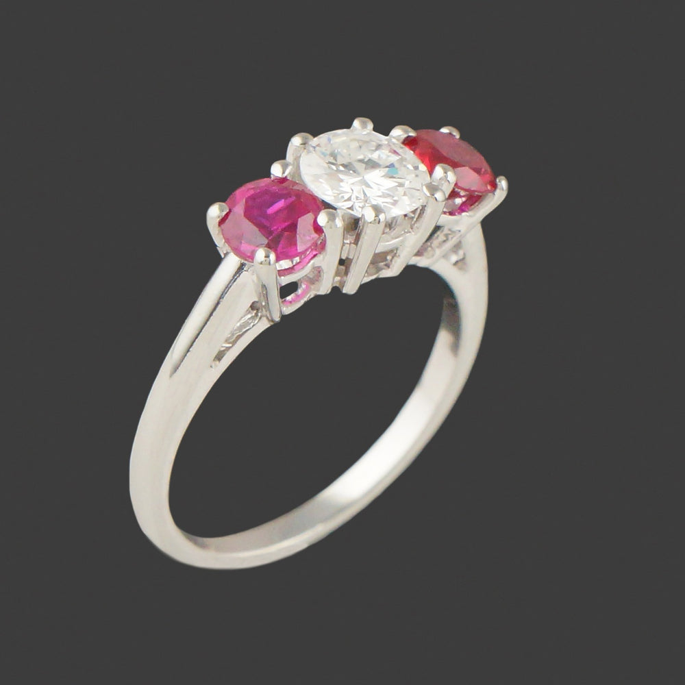 Solid 18K White Gold, Ruby & Diamond Three Stone Estate Engagement Ring, Olde Towne Jewelers, Santa Rosa CA.
