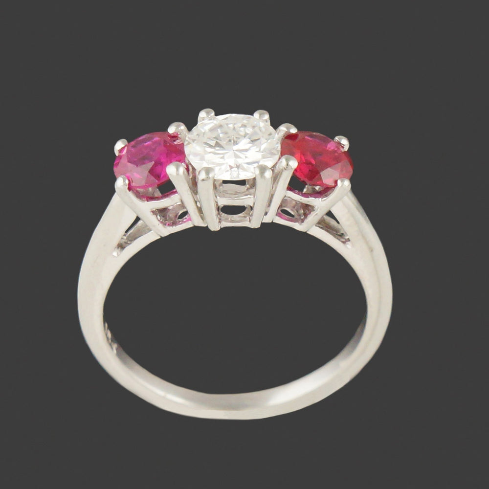 Solid 18K White Gold, Ruby & Diamond Three Stone Estate Engagement Ring, Olde Towne Jewelers, Santa Rosa CA.