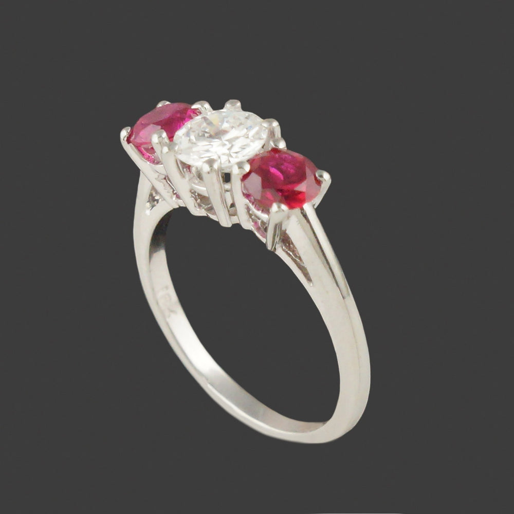 Solid 18K White Gold, Ruby & Diamond Three Stone Estate Engagement Ring, Olde Towne Jewelers, Santa Rosa CA.