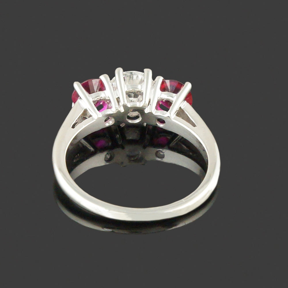 Solid 18K White Gold, Ruby & Diamond Three Stone Estate Engagement Ring, Olde Towne Jewelers, Santa Rosa CA.