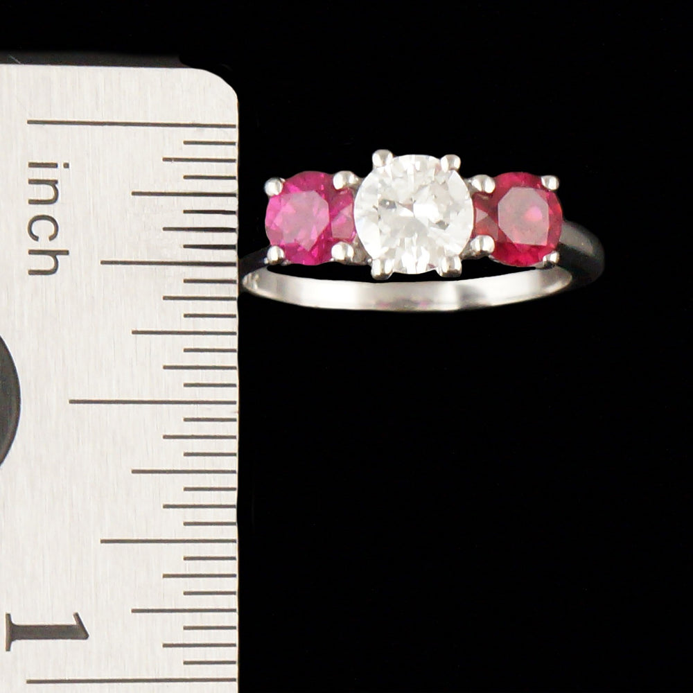 Solid 18K White Gold, Ruby & Diamond Three Stone Estate Engagement Ring, Olde Towne Jewelers, Santa Rosa CA.
