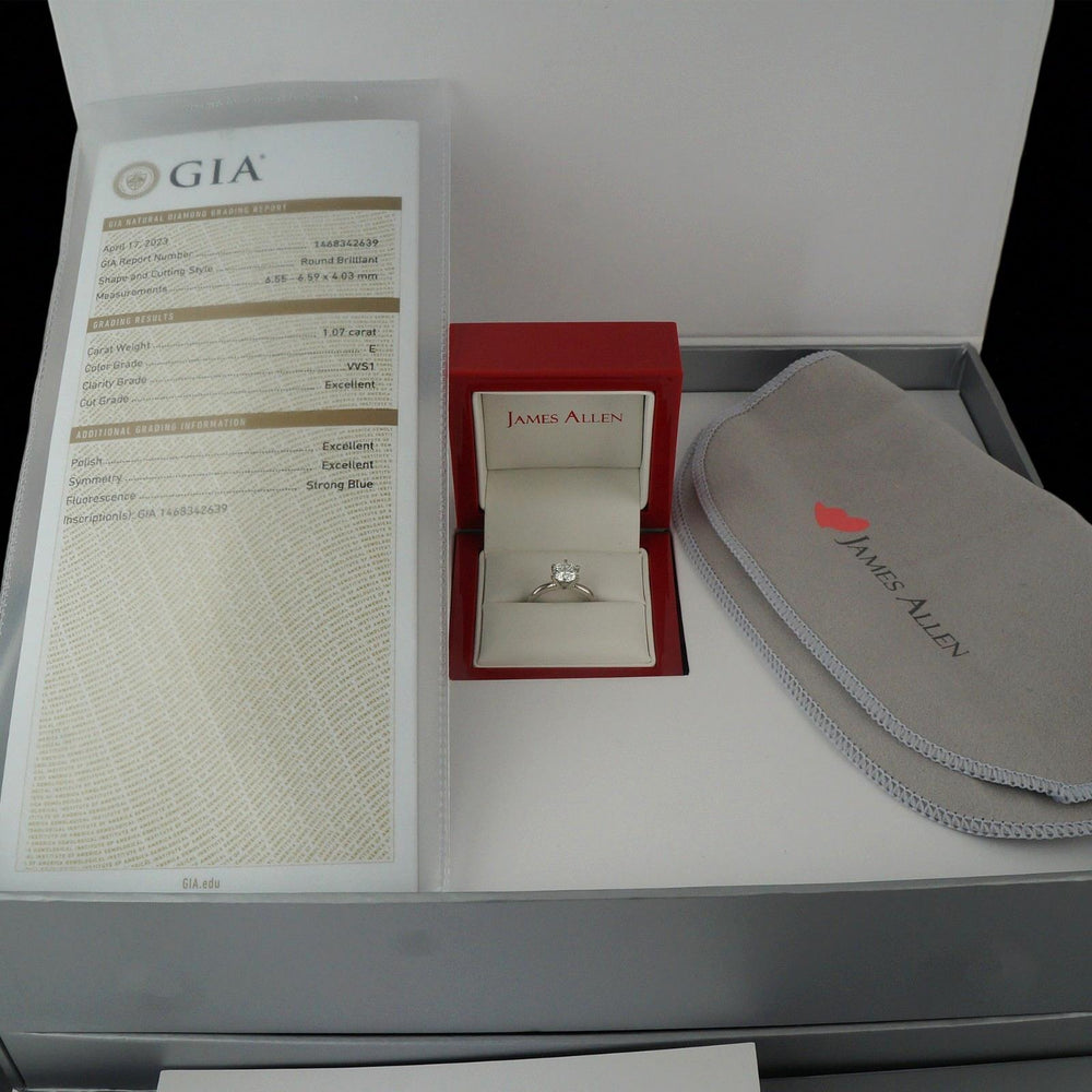 James Allen Platinum 1.07 Ct Diamond Solitaire Engagement Ring E/VVS1  GIA Cert