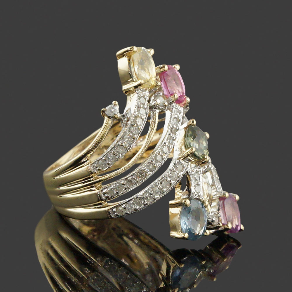 Solid 14K Yellow Gold Filigree Multi Color Sapphire & Pave Diamond Cocktail Ring