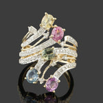 Solid 14K Yellow Gold Filigree Multi Color Sapphire & Pave Diamond Cocktail Ring, Olde Towne Jewelers, Santa Rosa CA.