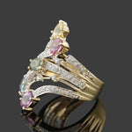 Solid 14K Yellow Gold Filigree Multi Color Sapphire & Pave Diamond Cocktail Ring, Olde Towne Jewelers, Santa Rosa CA.