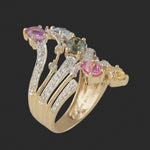Solid 14K Yellow Gold Filigree Multi Color Sapphire & Pave Diamond Cocktail Ring, Olde Towne Jewelers, Santa Rosa CA.