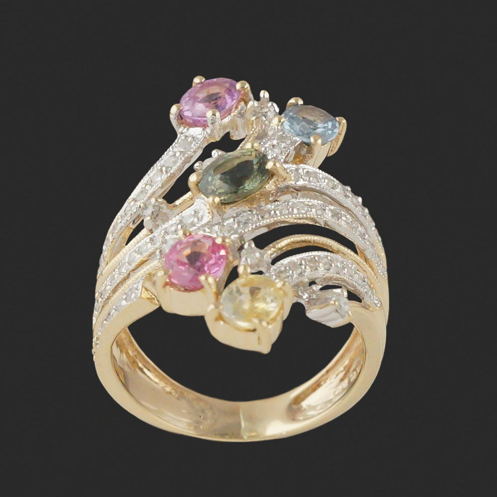 Solid 14K Yellow Gold Filigree Multi Color Sapphire & Pave Diamond Cocktail Ring, Olde Towne Jewelers, Santa Rosa CA.