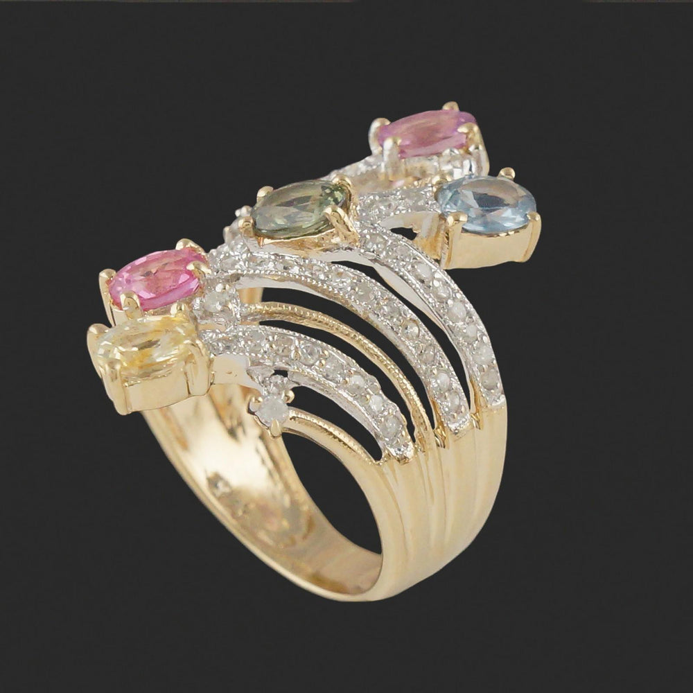 Solid 14K Yellow Gold Filigree Multi Color Sapphire & Pave Diamond Cocktail Ring, Olde Towne Jewelers, Santa Rosa CA.
