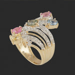 Solid 14K Yellow Gold Filigree Multi Color Sapphire & Pave Diamond Cocktail Ring, Olde Towne Jewelers, Santa Rosa CA.